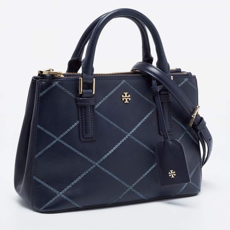 Pre Owned Tory Burch Navy Blue Quilt Stitched Leather Robinson Tote
