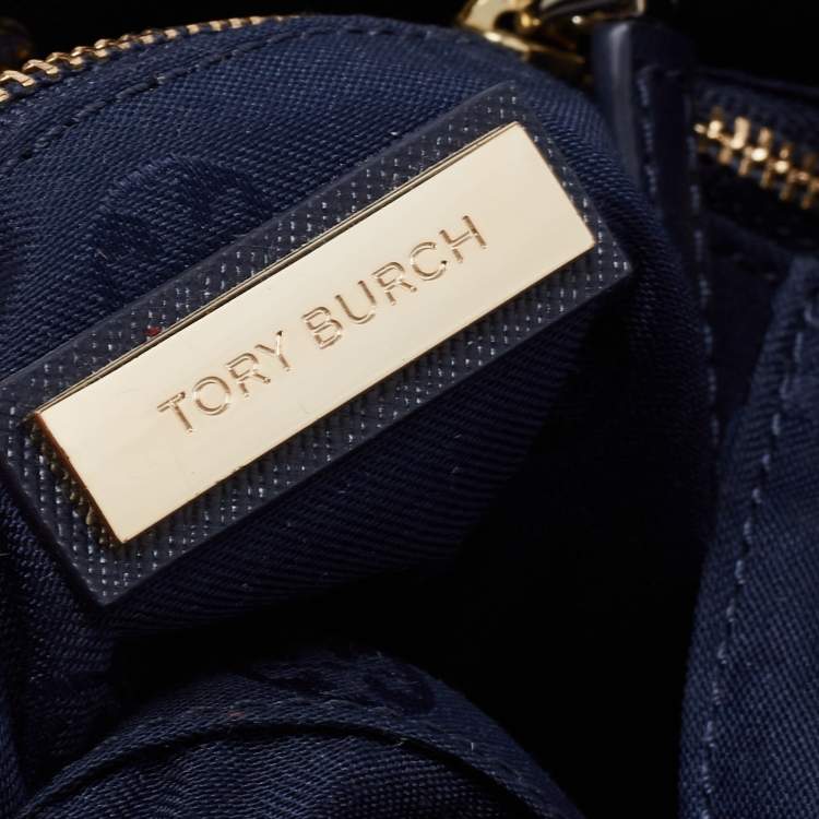 Pre Owned Tory Burch Navy Blue Quilt Stitched Leather Robinson Tote