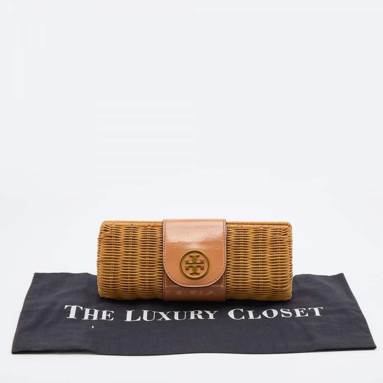 Pre Owned Tory Burch Tan/Beige Woven Rattan and Patent Leather Clutch