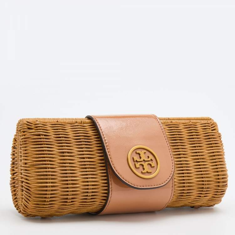 Pre Owned Tory Burch Tan/Beige Woven Rattan and Patent Leather Clutch
