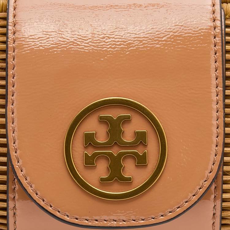 Pre Owned Tory Burch Tan/Beige Woven Rattan and Patent Leather Clutch