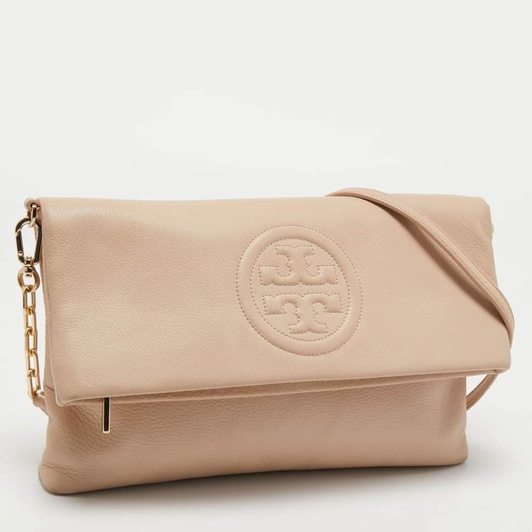 Pre Owned Tory Burch Cream Leather Thea Fold Over Crossbody Bag