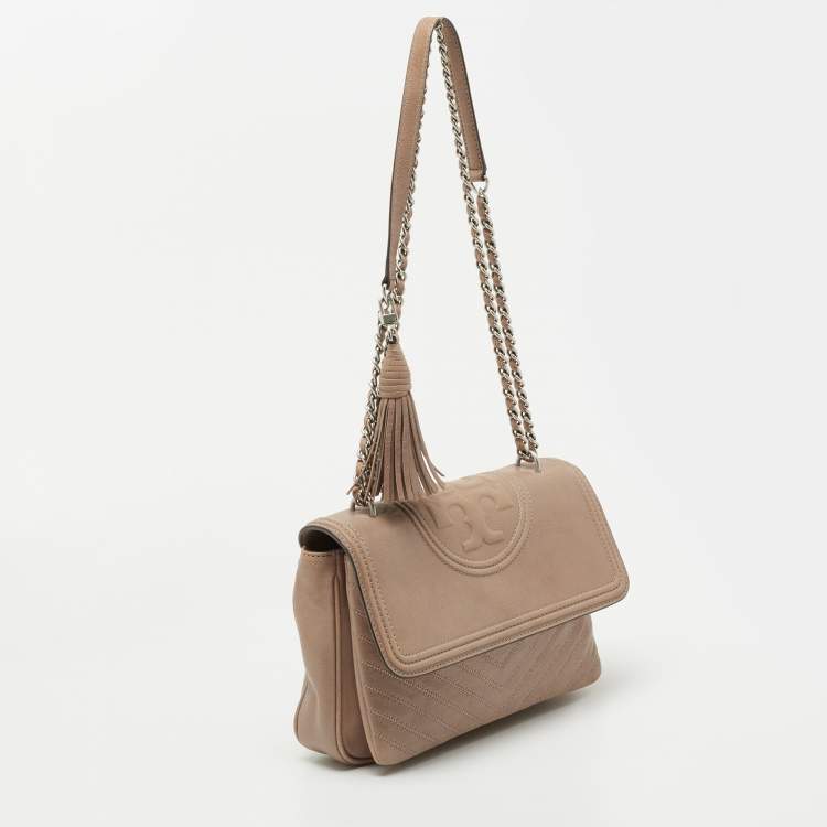 Pre Owned Tory Burch Beige Leather Fleming Shoulder Bag