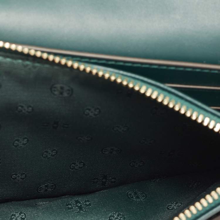 Pre Owned Tory Burch Dark Green Quilted  Leather Savannah Chain Clutch 