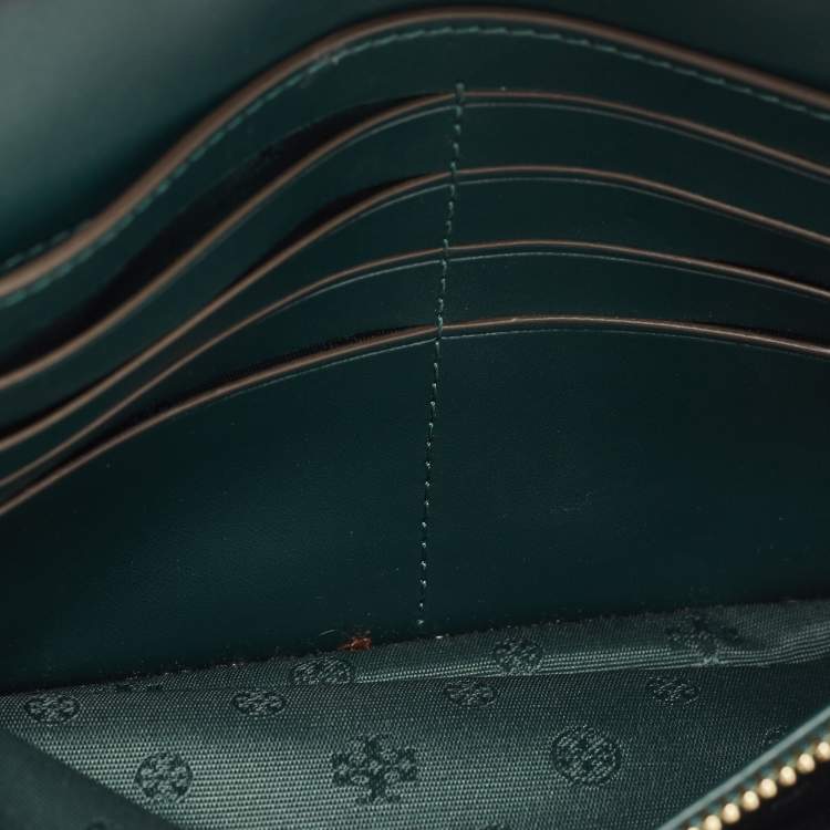 Pre Owned Tory Burch Dark Green Quilted  Leather Savannah Chain Clutch 