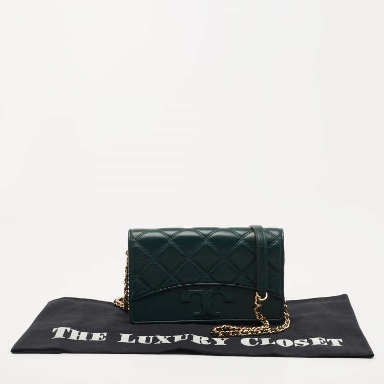 Pre Owned Tory Burch Dark Green Quilted  Leather Savannah Chain Clutch 