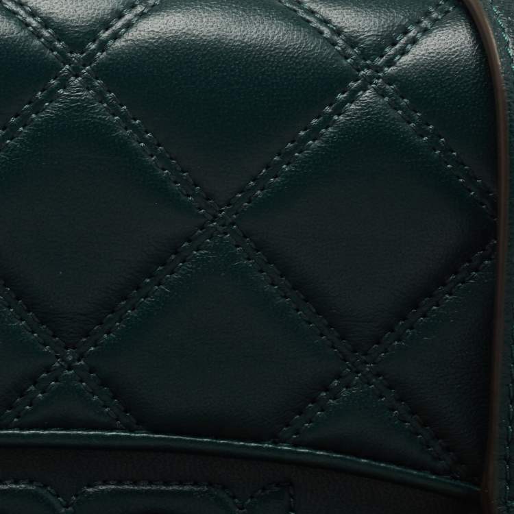 Pre Owned Tory Burch Dark Green Quilted  Leather Savannah Chain Clutch 