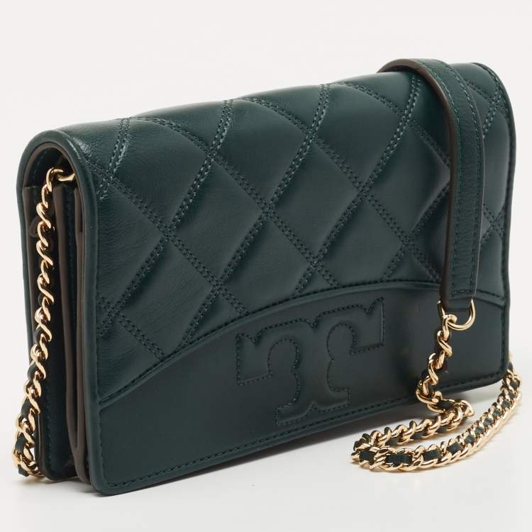 Pre Owned Tory Burch Dark Green Quilted  Leather Savannah Chain Clutch 