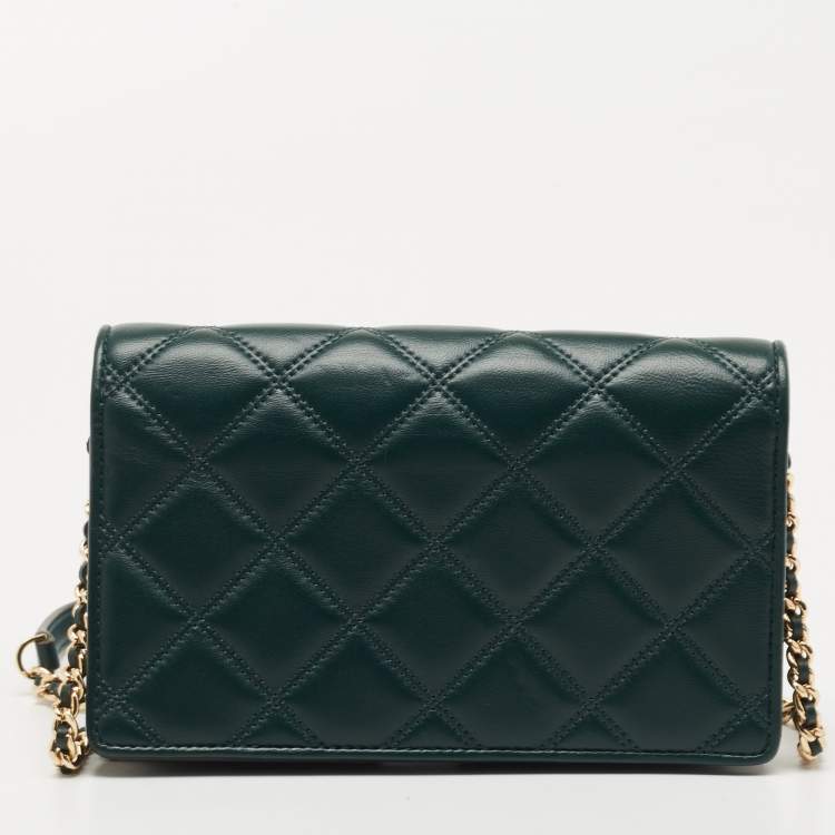 Pre Owned Tory Burch Dark Green Quilted  Leather Savannah Chain Clutch 