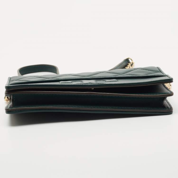 Pre Owned Tory Burch Dark Green Quilted  Leather Savannah Chain Clutch 