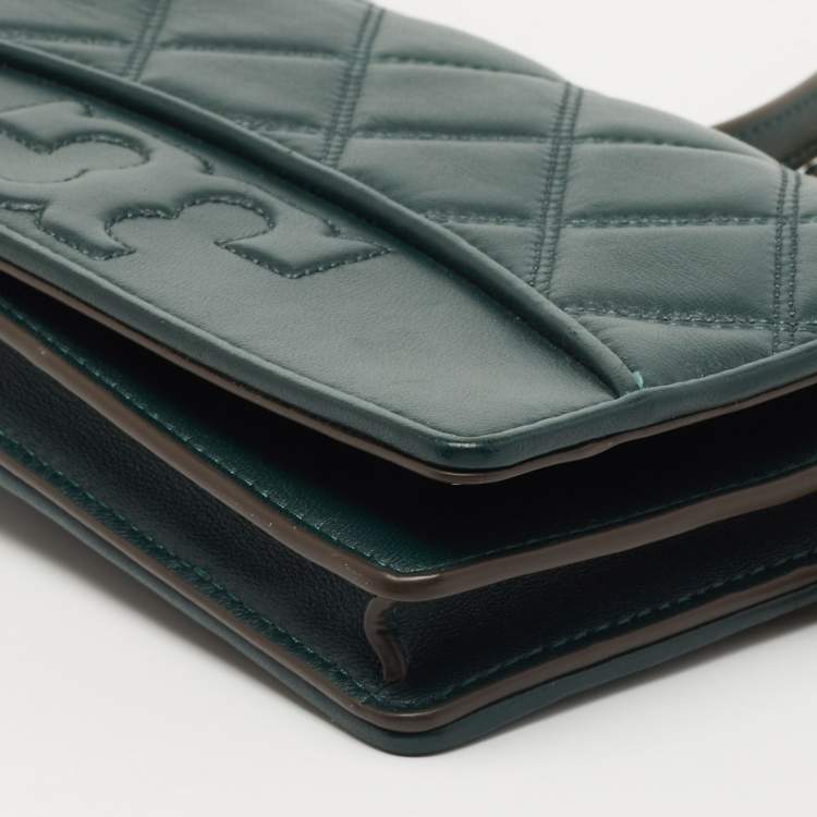 Pre Owned Tory Burch Dark Green Quilted  Leather Savannah Chain Clutch 