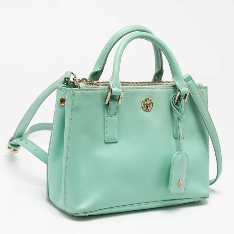 Pre Owned Tory Burch Light Green Leather Robinson Double Zip Tote