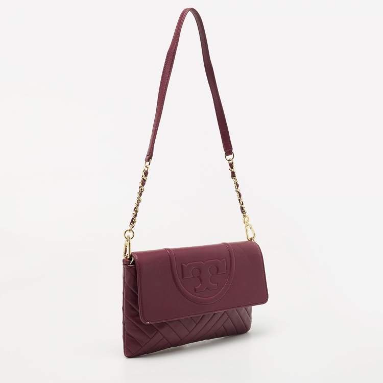 Pre Owned Tory Burch Burgundy Leather Alexa Chain Clutch