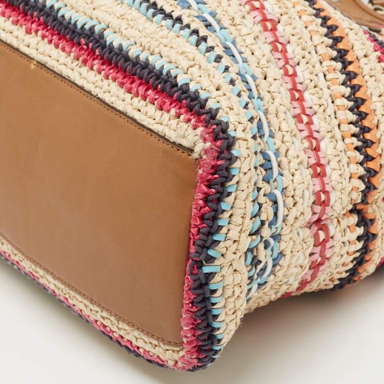 Pre Owned Tory Burch Multicolor Stripe Raffia and Leather Marion Tote