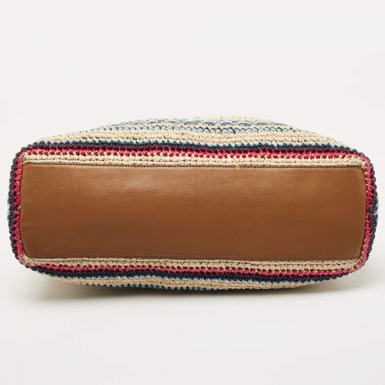 Pre Owned Tory Burch Multicolor Stripe Raffia and Leather Marion Tote