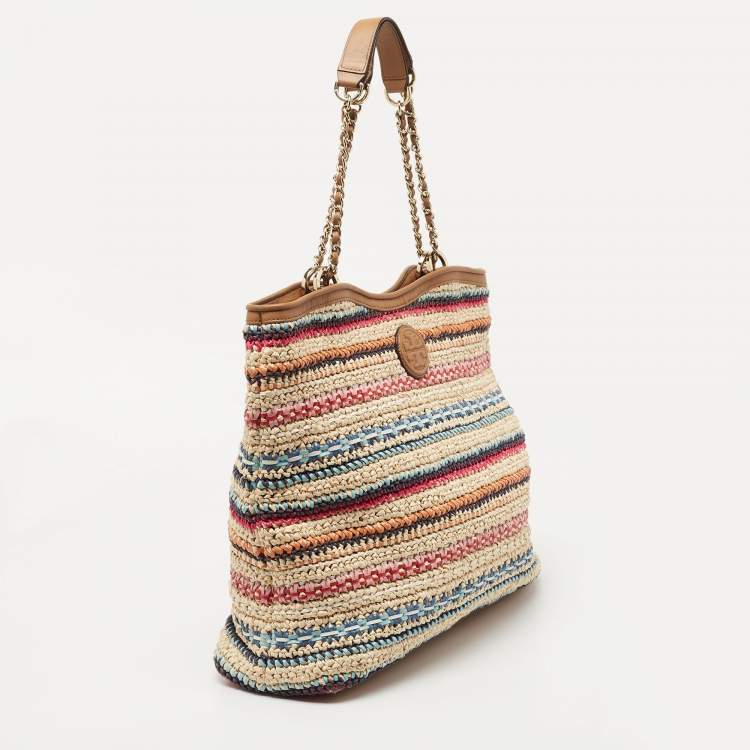 Pre Owned Tory Burch Multicolor Stripe Raffia and Leather Marion Tote