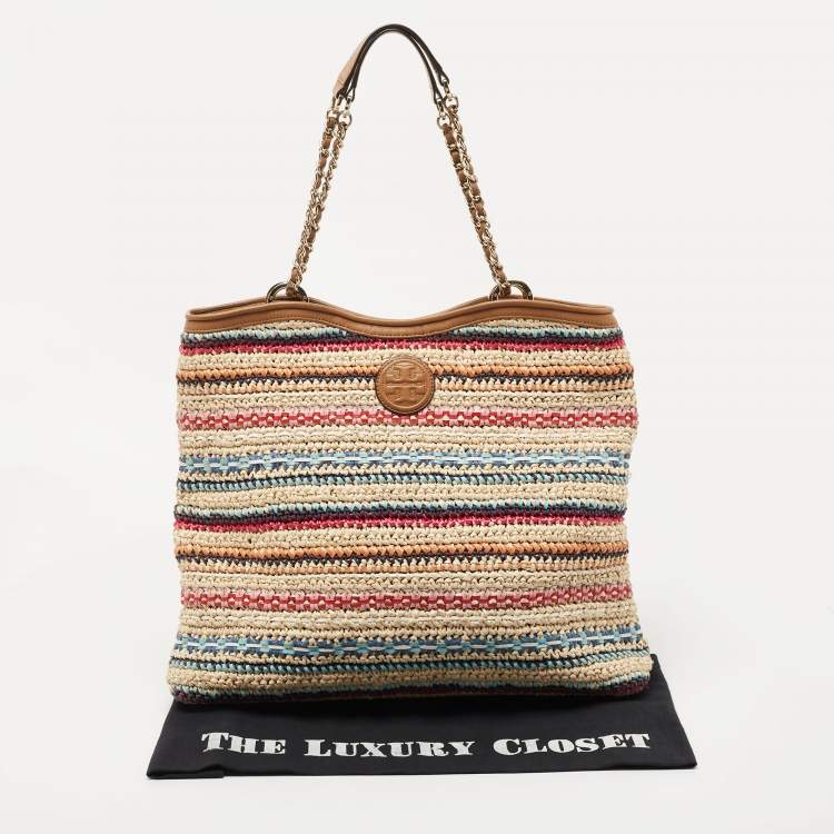 Pre Owned Tory Burch Multicolor Stripe Raffia and Leather Marion Tote