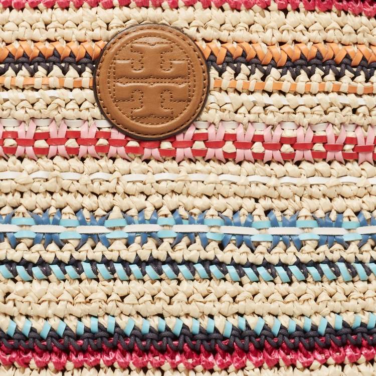 Pre Owned Tory Burch Multicolor Stripe Raffia and Leather Marion Tote