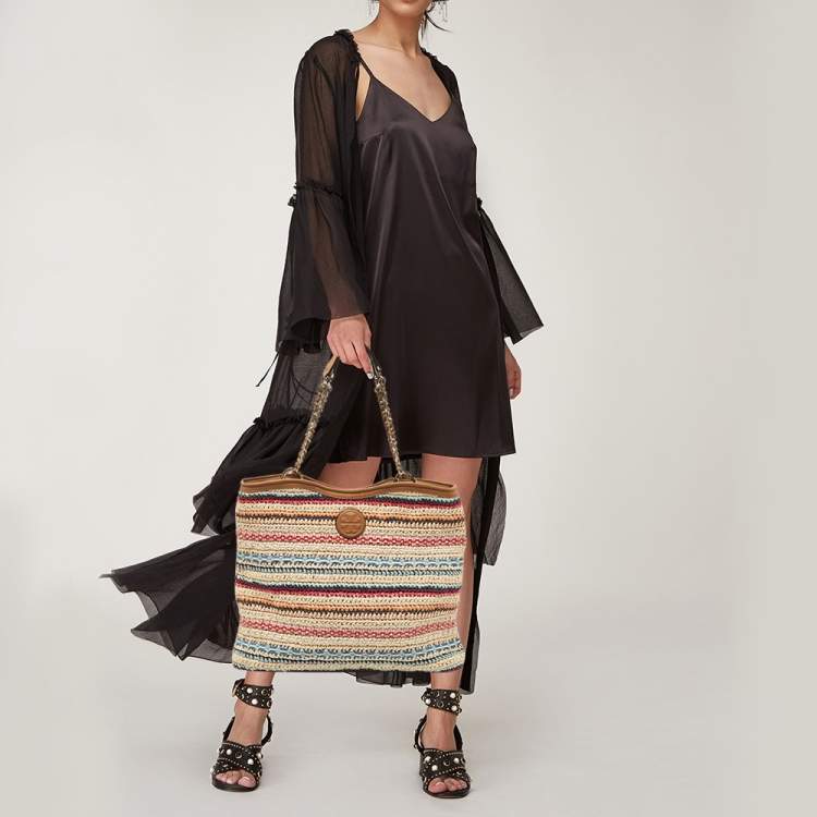 Tory Burch Multicolor Stripe Raffia and Leather Marion Tote Tory Burch