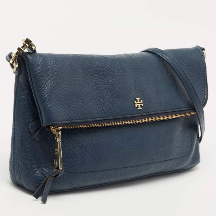 Pre Owned Tory Burch Blue Leather Foldover Crossbody Bag