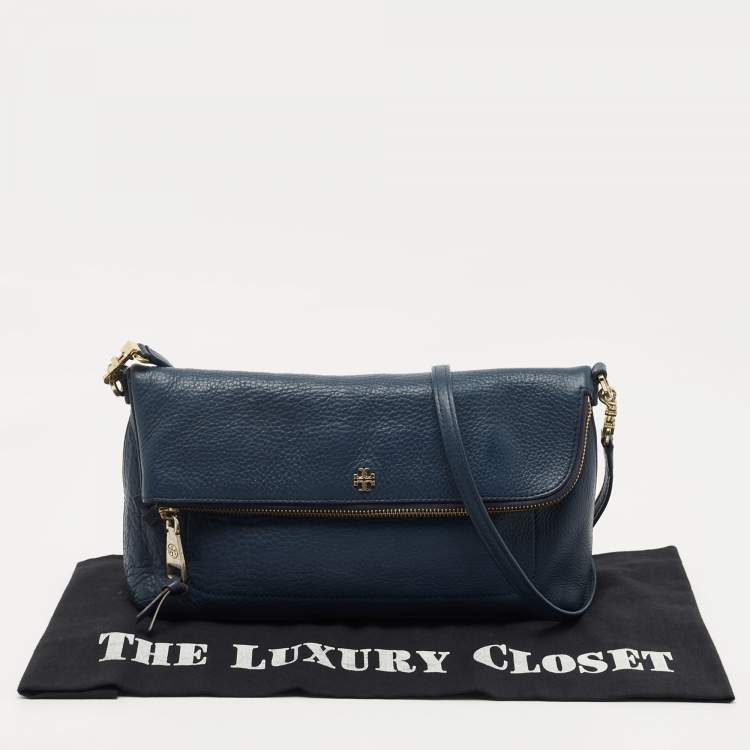 Pre Owned Tory Burch Blue Leather Foldover Crossbody Bag
