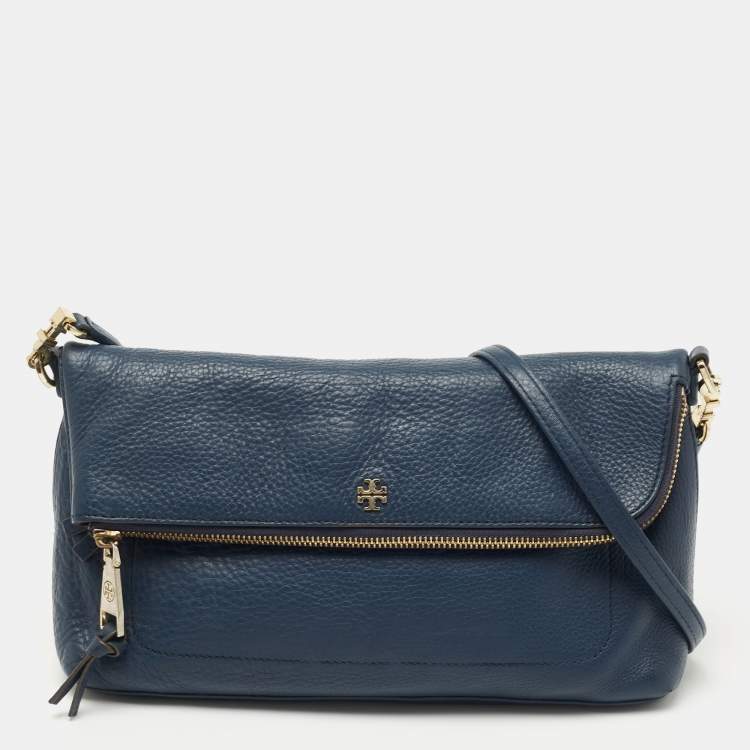 Tory Burch Robinson Blue Leather Gold Logo Fold Over Crossbody