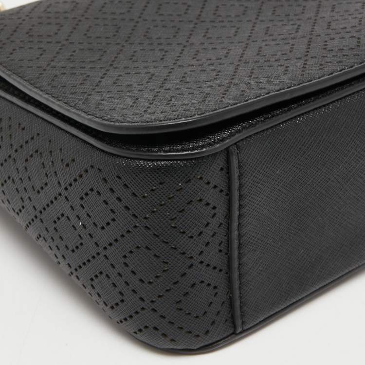 Pre Owned Tory Burch Black Perforated Leather Bryant Flap Shoulder Bag