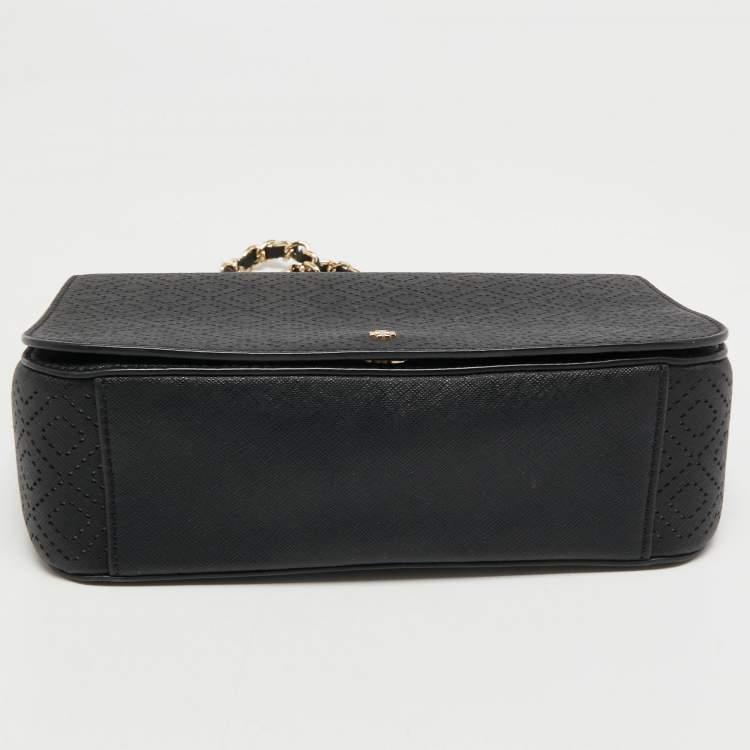 Pre Owned Tory Burch Black Perforated Leather Bryant Flap Shoulder Bag