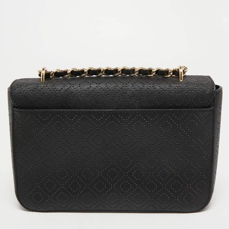 Pre Owned Tory Burch Black Perforated Leather Bryant Flap Shoulder Bag