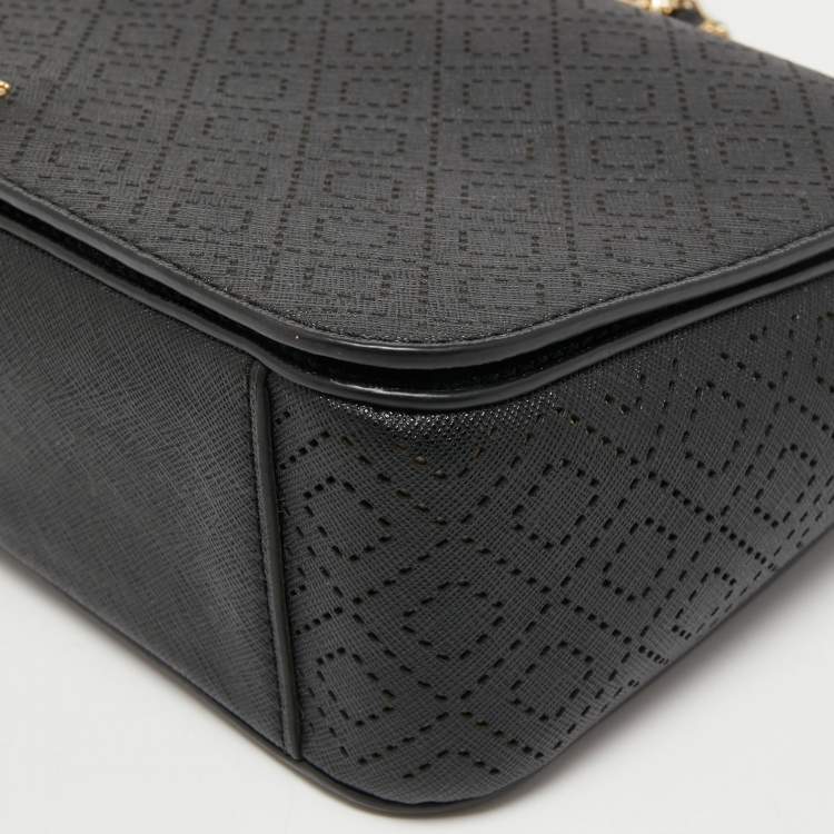 Pre Owned Tory Burch Black Perforated Leather Bryant Flap Shoulder Bag