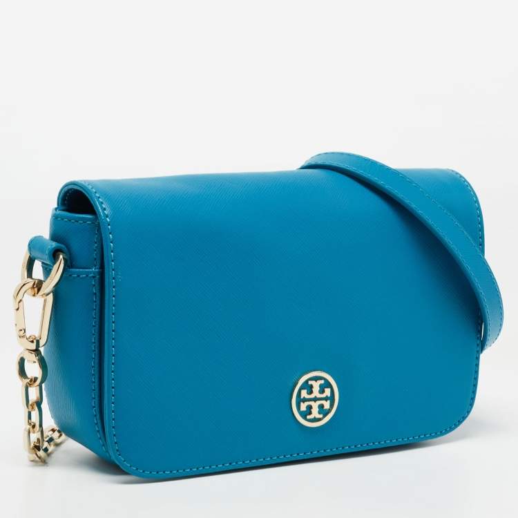 Pre Owned Tory Burch Teal Blue Saffiano Leather Robinson Flap Shoulder Bag