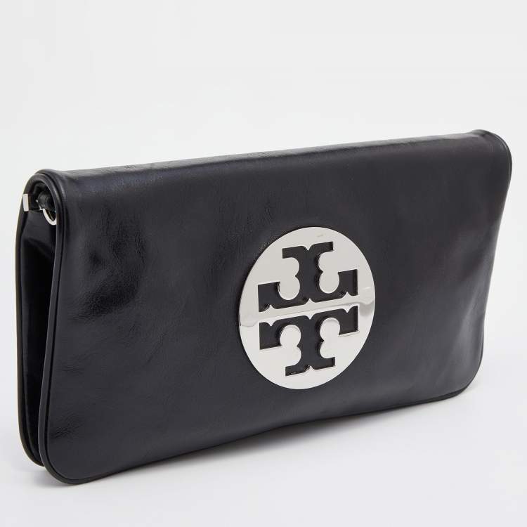 Pre Owned Tory Burch Black Leather Reva Flap Clutch
