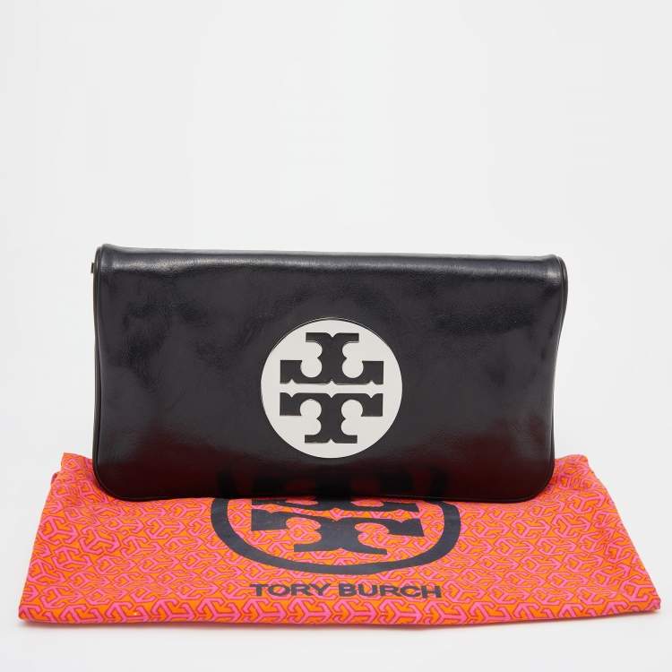 Pre Owned Tory Burch Black Leather Reva Flap Clutch