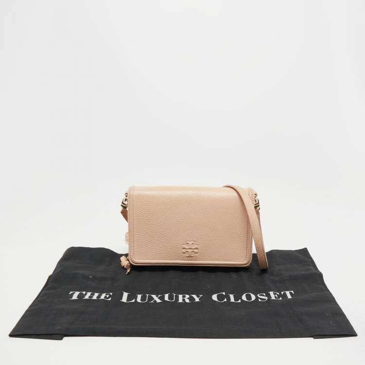 Pre Owned Tory Burch Peach Leather Thea Flap Crossbody Bag