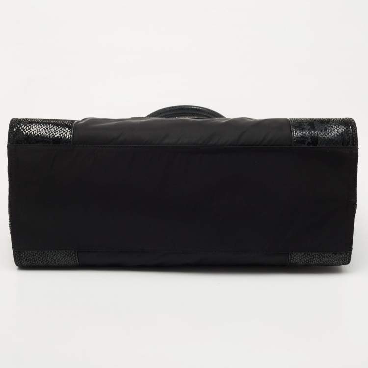 Pre Owned Tory Burch Black Nylon and Python Embossed Suede Ella Tote