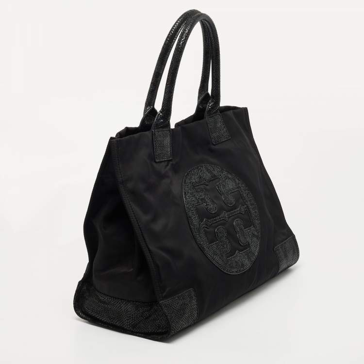 Pre Owned Tory Burch Black Nylon and Python Embossed Suede Ella Tote
