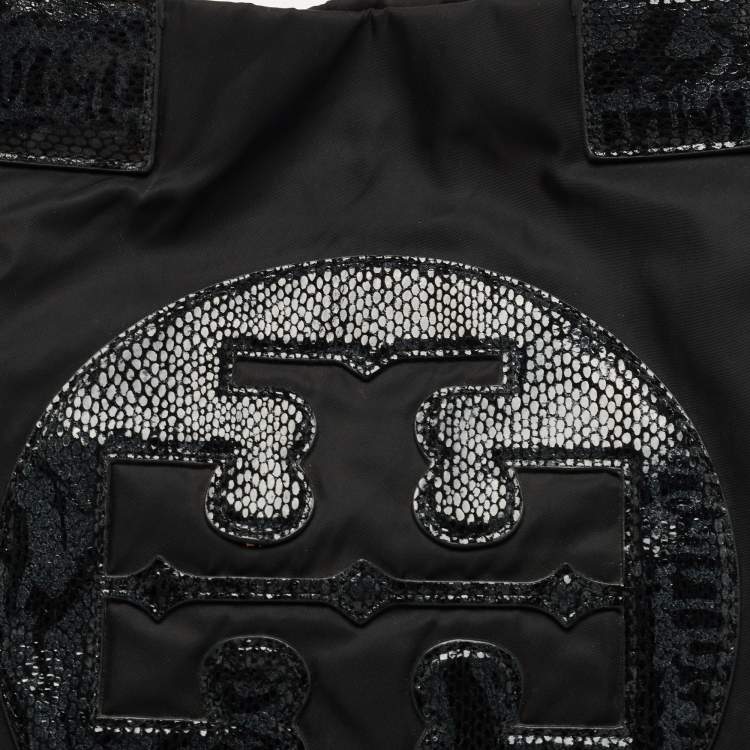 Pre Owned Tory Burch Black Nylon and Python Embossed Suede Ella Tote