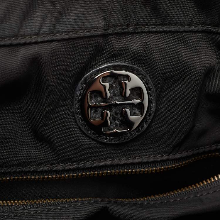 Pre Owned Tory Burch Black Nylon and Python Embossed Suede Ella Tote