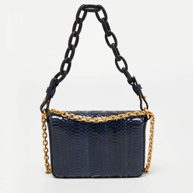Pre Owned Tory Burch Royal Navy Blue Snake Skin and Leather Mini Kira Shoulder Bag