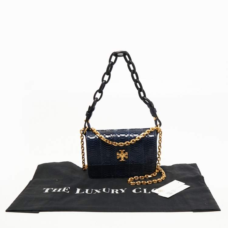 Pre Owned Tory Burch Royal Navy Blue Snake Skin and Leather Mini Kira Shoulder Bag
