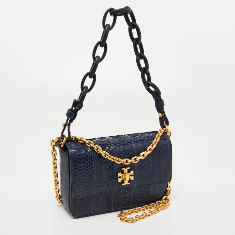 Pre Owned Tory Burch Royal Navy Blue Snake Skin and Leather Mini Kira Shoulder Bag