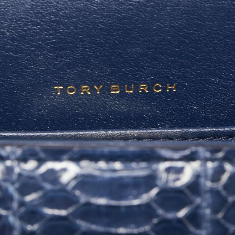Pre Owned Tory Burch Royal Navy Blue Snake Skin and Leather Mini Kira Shoulder Bag