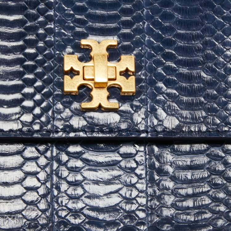 Pre Owned Tory Burch Royal Navy Blue Snake Skin and Leather Mini Kira Shoulder Bag