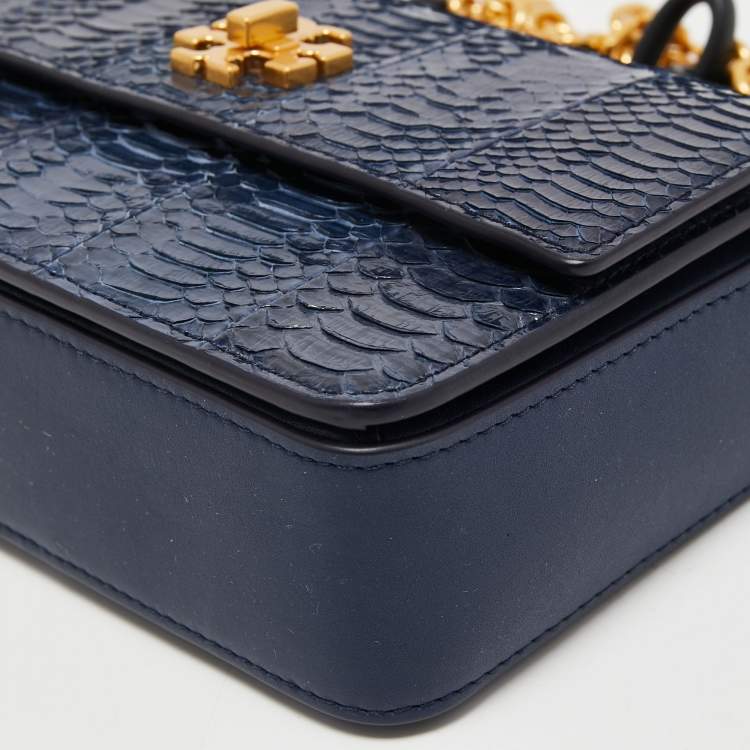 Pre Owned Tory Burch Royal Navy Blue Snake Skin and Leather Mini Kira Shoulder Bag