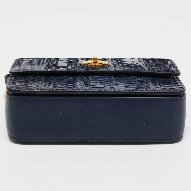 Pre Owned Tory Burch Royal Navy Blue Snake Skin and Leather Mini Kira Shoulder Bag