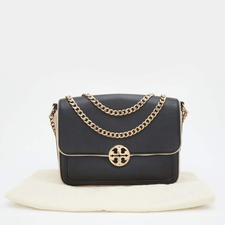Pre Owned Tory Burch Black/White Leather Chelsea Flap Chain Shoulder Bag