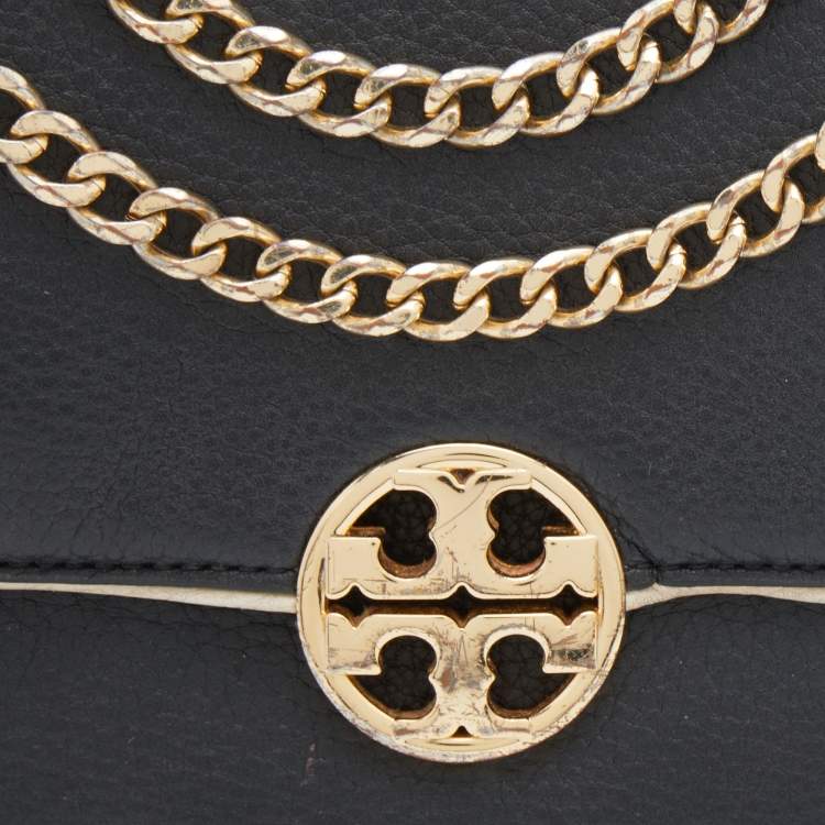 Pre Owned Tory Burch Black/White Leather Chelsea Flap Chain Shoulder Bag