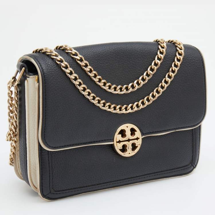 Pre Owned Tory Burch Black/White Leather Chelsea Flap Chain Shoulder Bag