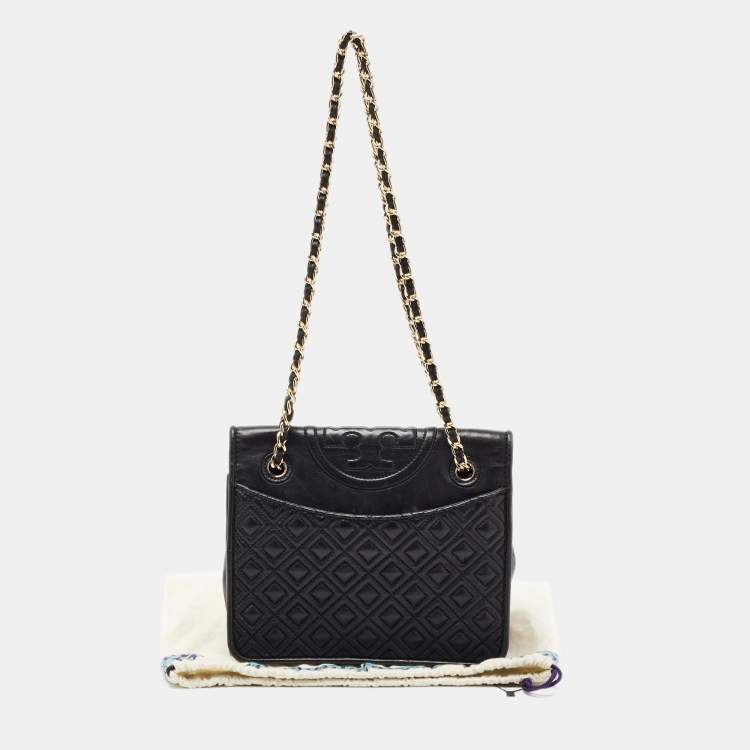 Pre Owned Tory Burch Black Quilted Leather Medium Fleming Shoulder Bag