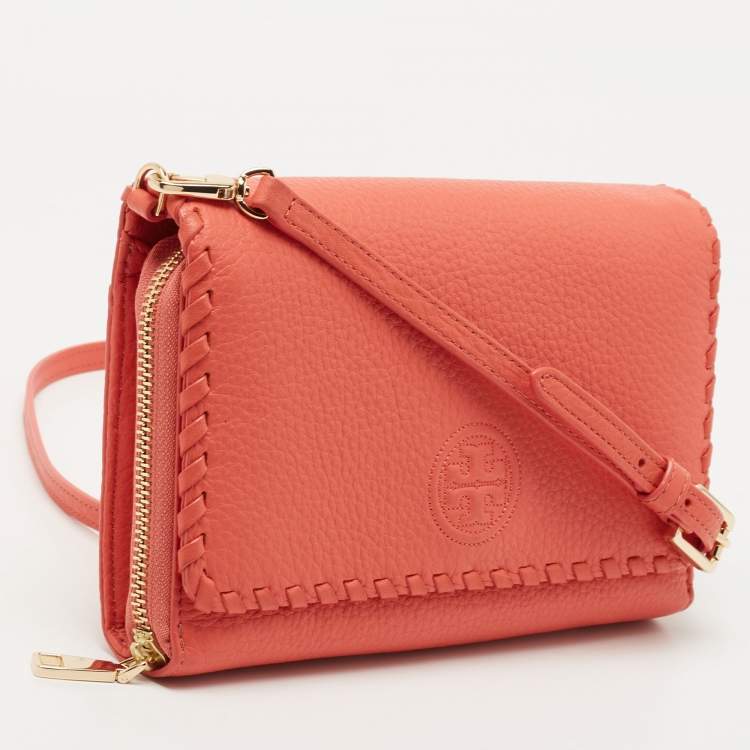 Pre Owned Tory Burch Orange Leather Marion Flap Crossbody Bag 